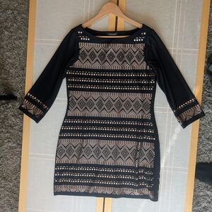 White House-Black Market Midi Dress. black with gold metallic embellishments